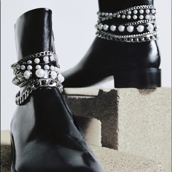 Zara Low Heeled Pearl Chain Ankle Boots 
